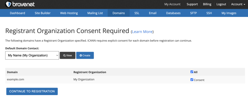 Page prompting new registrations to provide domain contact consent.