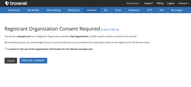 Page prompting existing users to review domain contact consent.