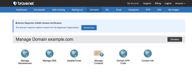 Banner prompting existing users to review domain contact consent.
